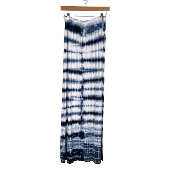 GO COUTURE Tie Dye Slit Long Maxi Skirt Medium Blue White Ruffled Waist Hippie - Picture 3 of 12